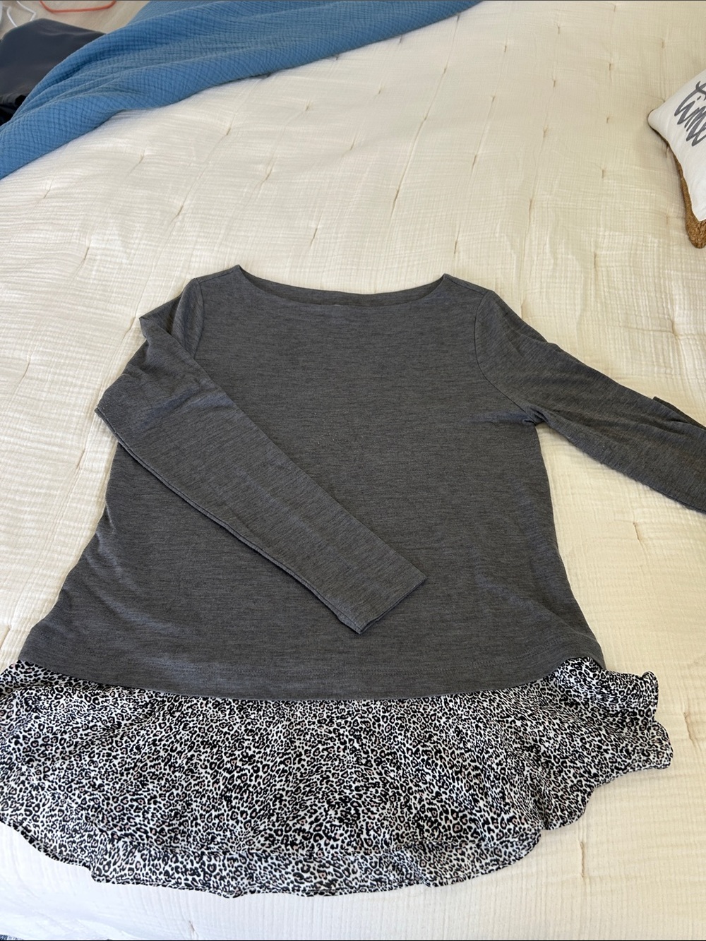 LOFT Charcoal Gray Scoop Neck Petites Top with leopard print ruffle